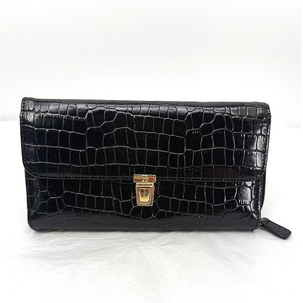 Etienne Aigner Wallet Black Croc Embossed Leather Gold Hardware Clutch Chic